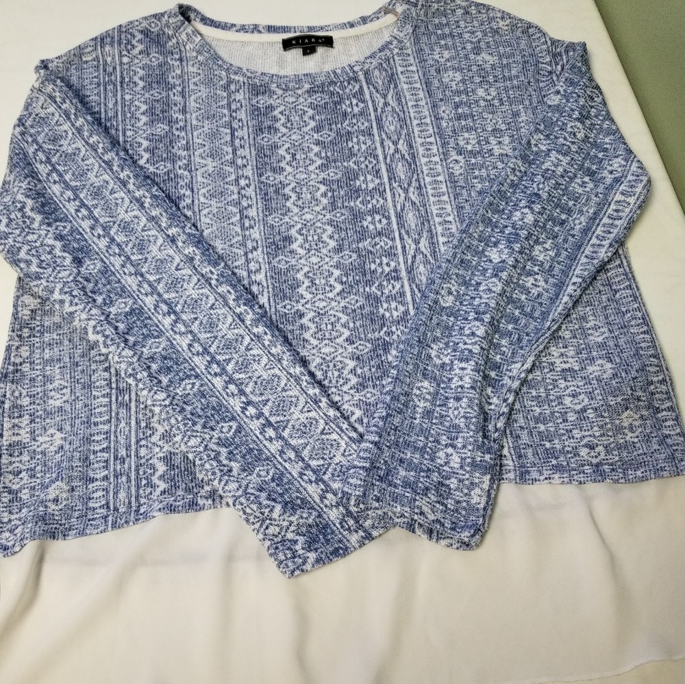 Kiara Mixed Media Tunic Top Blue/ White H310